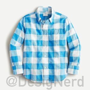 J.CREW BOY’S CRINKLE COTTON BUTTON DOWN SHIRT BIG BLUE GINGHAM LONG SLEEVED